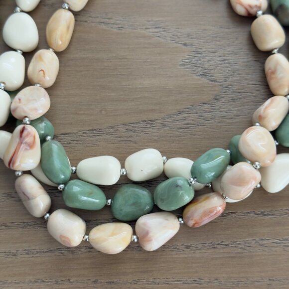 Vintage Triple Strand Beaded Necklace Choker Green Cream Acrylic Beads - Picture 2 of 8